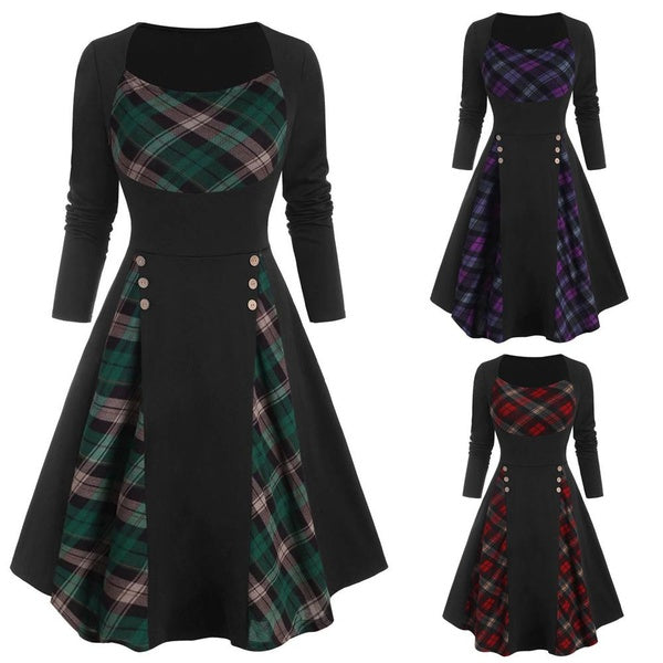 Womens Ladies Long Sleeve Button Plaid Patchwork Pleated Gothic Punk Party Long A-Line Swing Dress