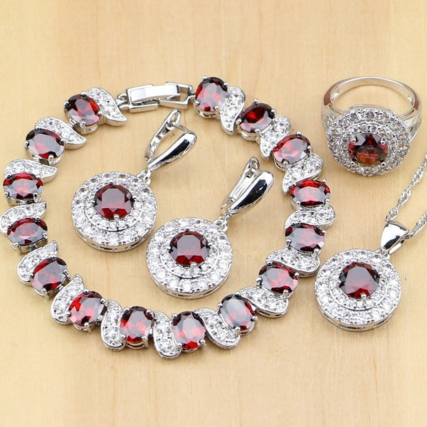 925 Sterling Silver Jewelry Red Garnet White Topaz Jewelry Sets For Women Earrings-Pendant-Necklace-Rings-Bracelet