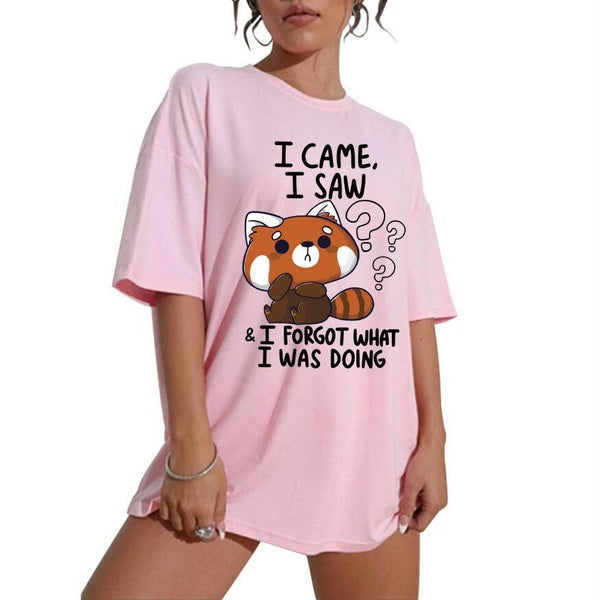 Cute Raccoon I Came I Saw Printed T-shirts Women Oversized T-shirts Round Neck Tops