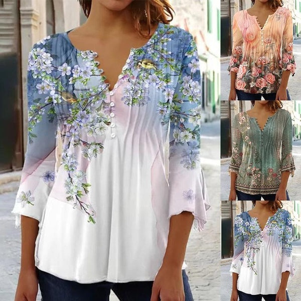 Women's Fashion Blouses Casual Long Sleeve Loose Floral Printed V-neck Shirts Plus Size Tops S-5XL