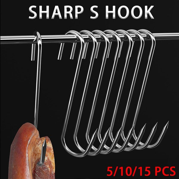 5-10-15Pcs Stainless Steel S Hooks with Sharp Tip Utensil Meat Clothes Hanger Hanging Hooks for Butcher Shop Kitchen Baking Tools