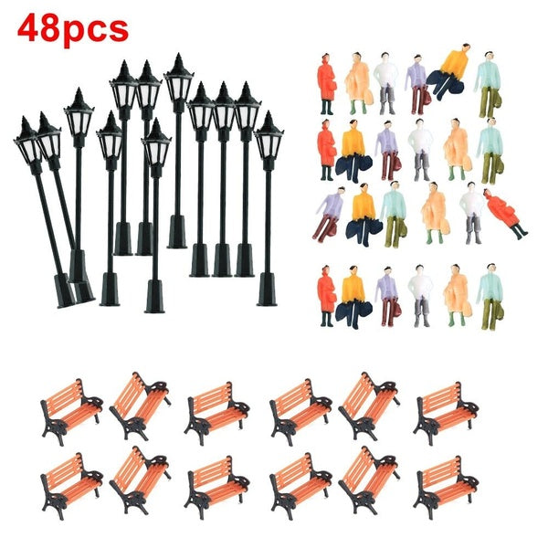 48pcs 1:87 HO Scale Model Miniature People Figures Toy Lamppost Lights building Garden Chair Set For Railway Model Train Scenery Accessories Matron Inn