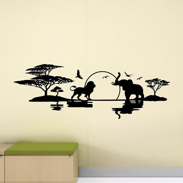 Africa Safari Wall Decal Wild Animals Lion Decal Palm Tree Elephant Wall Sticker Nursery Poster Vinyl Nature Wall Deco