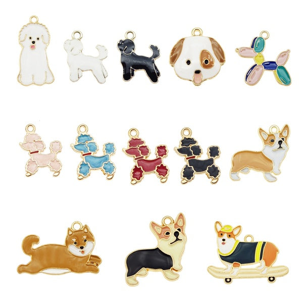13PCS Enamel Dog Charms Mixed Corgi Poodle Teddy Shiba Alloy Animal Pendants Jewelry Making Necklace Accessory