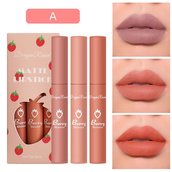 3 PCS-SET Matte Velvet Strawberry Lip Gloss Lipstick Set Non-stick Cup Not Easy To Fade Long Lasting Lip Glaze Lipstick