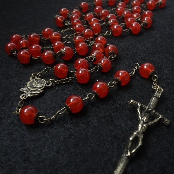 Vintage Fashion Gothic Style Cross Rose Flower Pendant Bronze Chain Rosary Wine Red Necklace