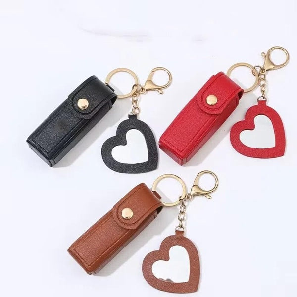 Portable Leather Lipstick Bag Makeup Pouch Lip Balm Bag Keychain Holder Lipsticks Protective Cover With Mirror