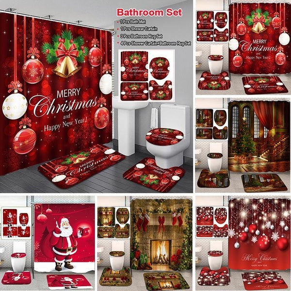 3D Fashion Santa Claus and Christmas Ball Shower Curtain Set Christmas Decoration for Bathroom Waterproof Shower Curtain Non-slip Bathroom Seat Cushi