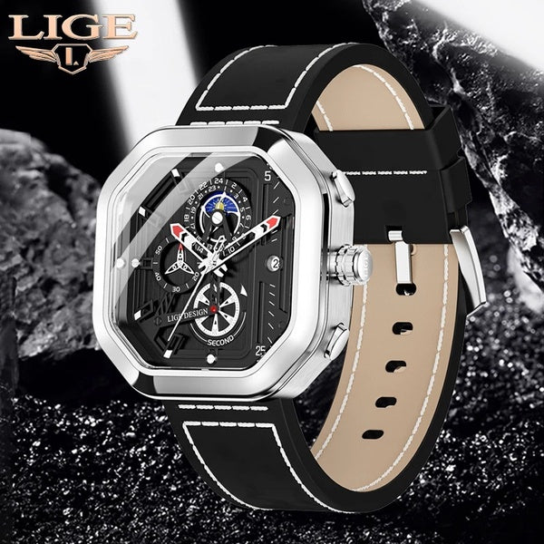 LIGE 2022 nouvelles montres à quartz carrées créatives phase de lune et de soleil calendrier multifonctionnel chronographe montre-bracelet pour dames
