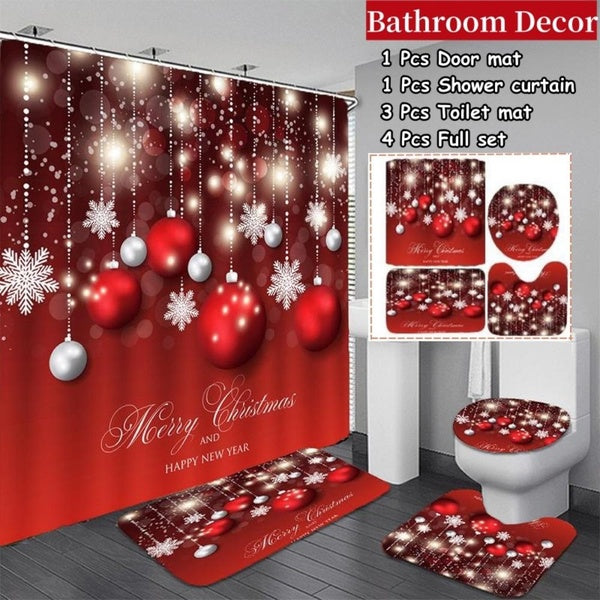 4-3-1Pcs Christmas Snowflake Pattern Printed Bathroom Decor Waterproof Shower Curtain Mats Rugs Set Non-Slip Bathroom Carpets Toilet Lid Cover Floor