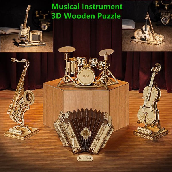 3D Musical Instrument Wooden Puzzle Game Assembly Saxophone Drum 6 Kinds DIY Kit Accordion Cello Toy Gift for Children Kids Adult Easy Assembly Kits