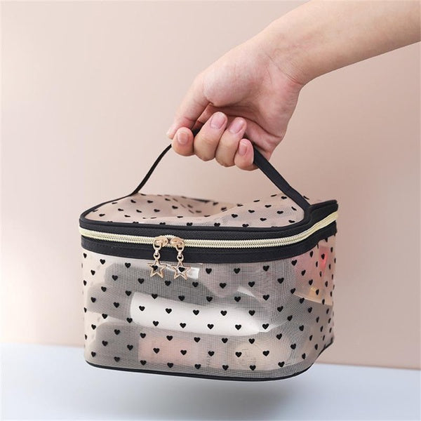 1 Piece Mesh Makeup Bag Transparent Heart Printing Dual Zippers Cosmetic Bag Makeup Bags Organizer for Women and Girls with Flocked Heart Portable To