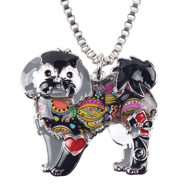 Enamel Alloy Floral Shih Tzu Dog Necklace Choker Collar Chain Animal Pets Jewelry Gift for Women Teens Girls Accessories Decoration