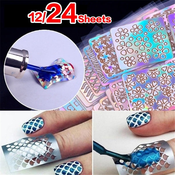 12-24 Sheets Nail Vinyls Laser Hollow Stencil Stickers Transfer Guide Template Heart Star Fish Manicure Nail Art Decoration
