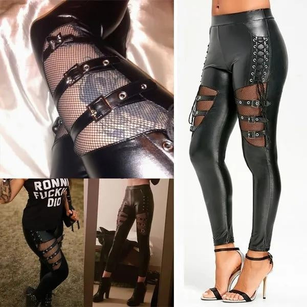 Leggings en cuir à la mode pour femmes Spandex Mesh Stitching PU Leather Tights Pants