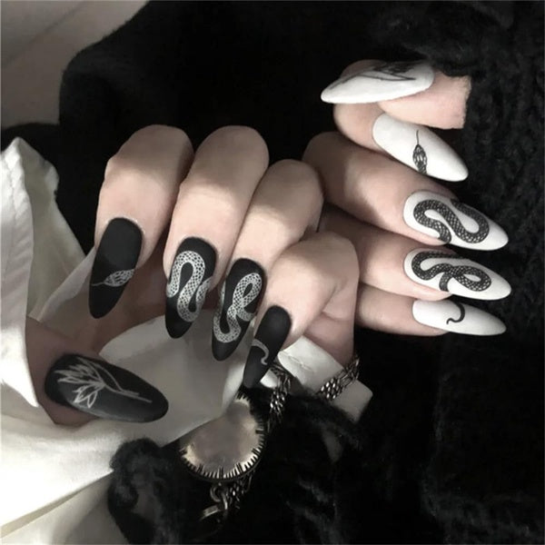 Fake Nails Art Long Stiletto Fake Nails Press on Nails Punk Snake Pattern Black White Matte Fake Nails Full Cover Nail Tips Manicure