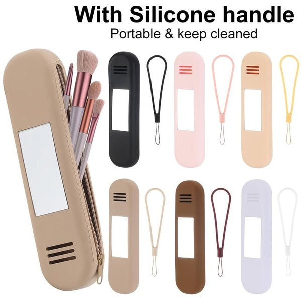 Silicone Makeup Brush Holder, Travel Essentials Makeup Brush Organizer with Mirror, Portable Makeup Brush Travel Bag Cosmetic Case