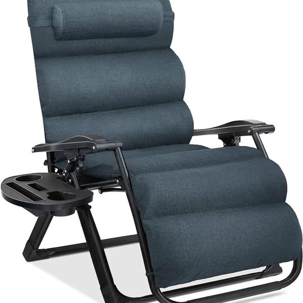 Oversized Zero Gravity Chair, Folding Outdoor Patio Recliner, XL Anti Gravity Lounger w-Removable Cushion, Cup Holder, Side Tray, 350lb Capacity - Gr