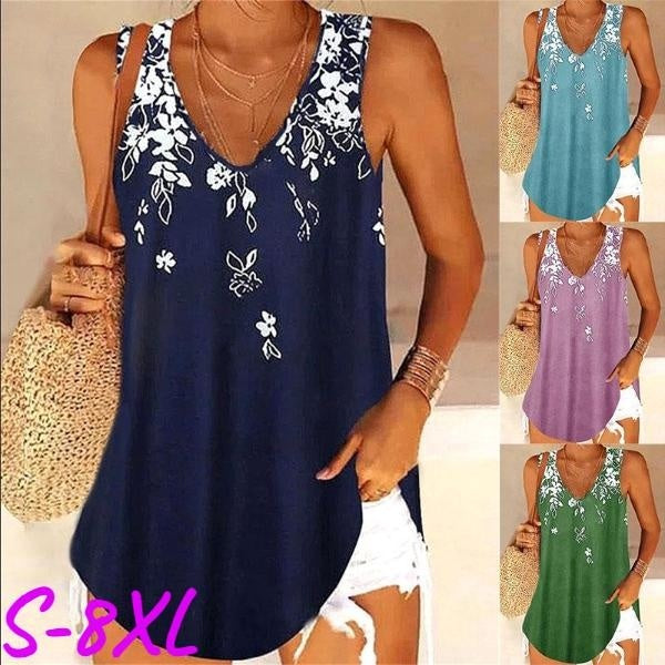 Women's Summer Tops Plus Size Fashion Clothes Sleeveless Printing Blouses Ladies Casual V-neck Elegant Camisoles Party Tops Solid Color Vest Boho Top