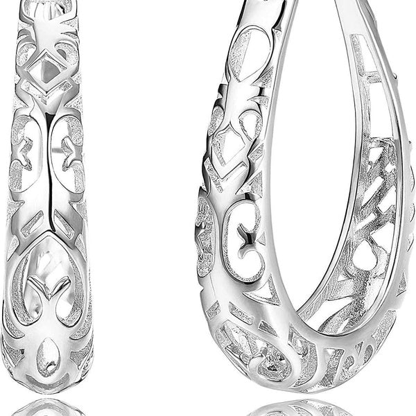 925 Sterling Silver Filigree Hoop Earrings Women's Openwork Texture Flower Teardrop Shape Throw Pillow Hoop Earrings Hypoallergenic Oval Click Top Ho