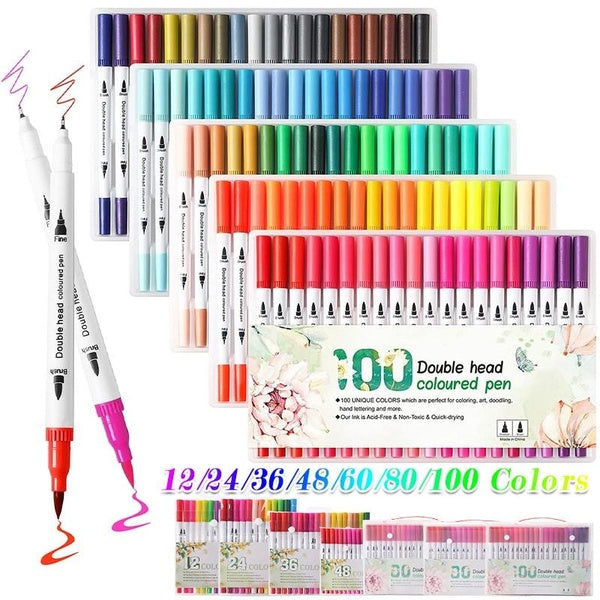 1pack Multi-color Marker Set, 12-100 Color Washable Pigment Markers, 0.4-4mm Multi-color Brushes And Fine Tip Art Coloring Markers, Dual Nib Markers,