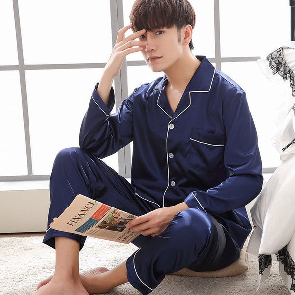 Men's New Fashion Soft Silk Casual Pajama Sets Two Pieces Shirts & Shorts Sleepwear(Plus Size XS-5XL - 6 Colors)