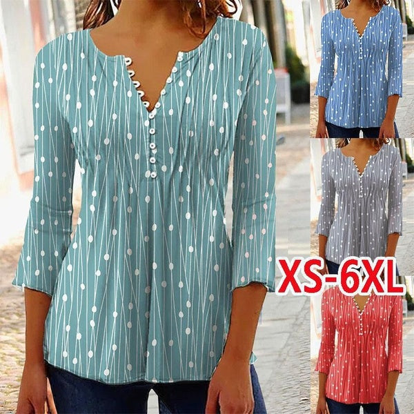 XS-6XL Plus Size Womens Mode Vêtements Automne Hiver Tops pour Femme Casual T-shirts à Manches Longues Col en V Imprimé Blouses Dames Coton Chemises