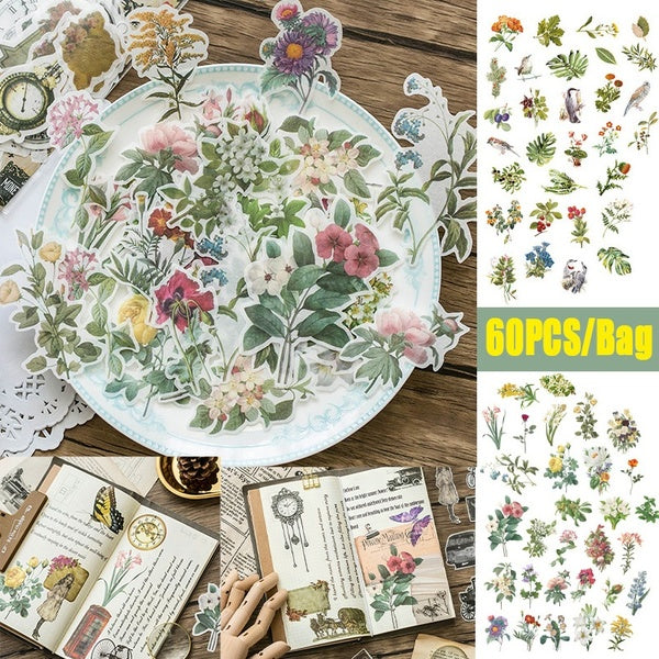 60pcs Travel Stickers Vintage Retro Green Plants Flowers Washi Paper Stationery Stickers Decorations Scrapbooking Diary Albums