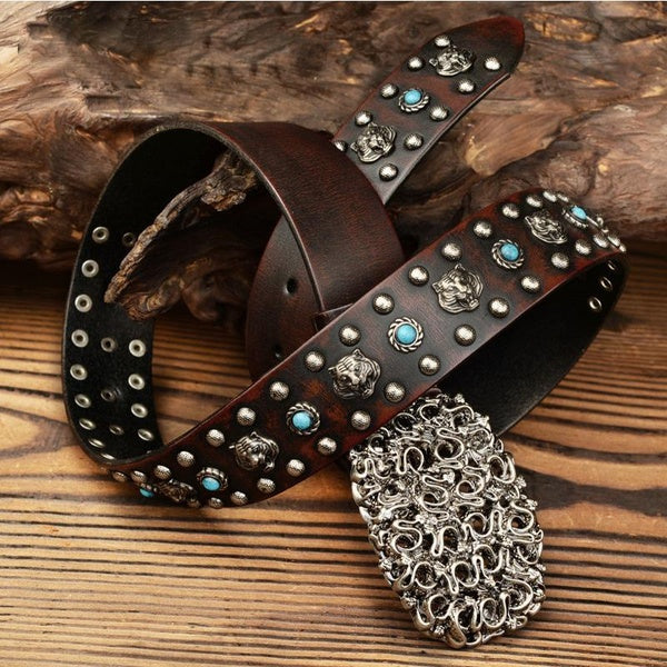 100% haut Grain en cuir véritable boucle de ceinture Vintage métal Rivet Punk large ceinture hommes Punk Rock clouté Jeans ceinture serpent boucle