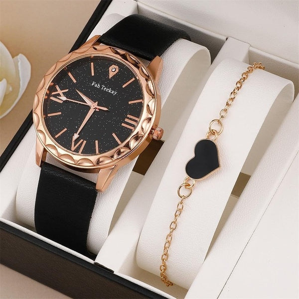2 pièces ensemble montre femmes mode ciel étoilé cadran Bracelet dames bracelet en cuir Quartz filles Montre-Bracelet Montre Femme