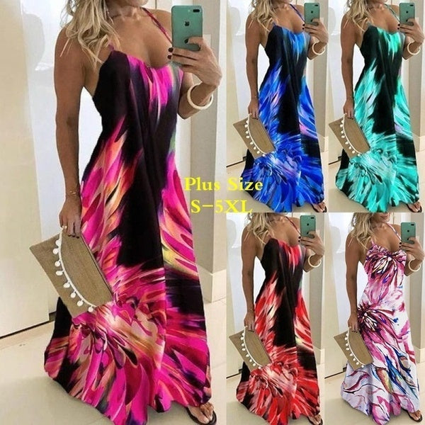 New Summer Women Ink-splashing Printed Colorful Party Dresses Ladies Sleeveless Evening Maxi Dress Sundress Female Beach V-Neck Long Robes Plus Size
