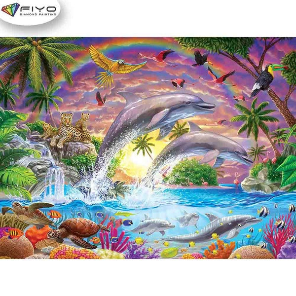 FIYO Dolphins DIY 5D Diamond Painting Full Drill with Number Kits Home and Kitchen Fashion Mosaic Diamond Painting Canvas Wall Decoration Gift Crafts