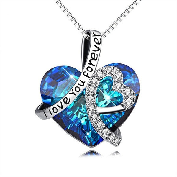 925 Sterling Silver I Love You Forever "Crystal Heart Pendant Necklaces for Woman Blue Crystal Choker Necklace for Bridal Wedding Chain Necklace