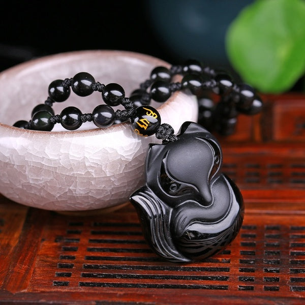 Charme 43x38x8mm Travail Manuel Noir Obsidienne Sculpté À La Main Renard Renard Amulette pendentif collier femme homme Bijoux