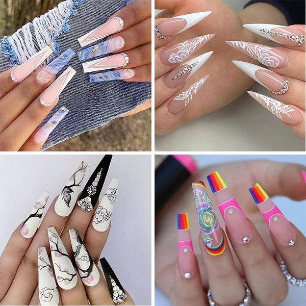 24Pcs Long Ballet V-Shape False Nails White Rose Fake Fingernails Shiny Heart Wearable Acrylic Full Cover Press on Nails