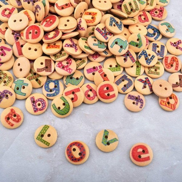 100 Pack 15MM 2-Hole Mixed Round Shaped Alphabet Painted Wooden Buttons Wood Sewing Buttons DIY Scrapbooking Clothe Buttons(Bottom Colour:Log Color)
