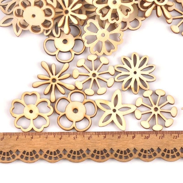 25Pcs Mix Flower Pattern Unfinished Wood Slices DIY Crafts Home Decoration Scrapbooking Wooden Ornament Accessories