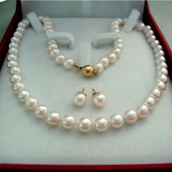 Charming 8-9MM White Akoya Pearl Necklace Earring Set