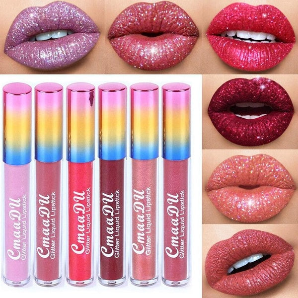 CmaaDu Velvet Diamond Glitter Liquid Lipstick Waterproof Cosmetics Shimmer Nude Lipgloss Lip stick Long Lasting Non-stick Cup Makeup