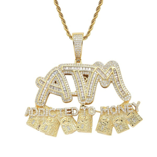 Hip Hop Jewelry Letter ATM money Iced Out Bling Pendant Necklace Gold Filled CZ Zircon Necklace with 24inch Rope Chain Rapper Accessories Gift Matron Inn