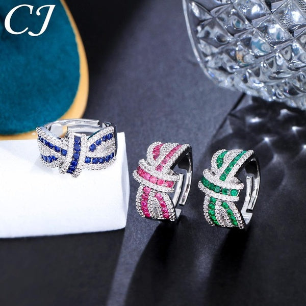 CANDICE Placage d'argent populaire parmi les filles, bague réglable, serti pavé de pierres de zircone AAA CZ bleu vert rouge, bijoux de doigt d'ouver