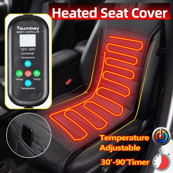 Yiyasu Store PU Leather Heated Car Seat Cover Heating Cushion 12V 24V Universal Heater Winter Warmer Pad Warming Front Seat Cover With Integrated Sma