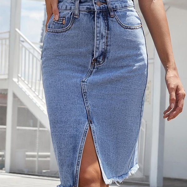 Zipper Fly Raw Hem Split Denim Skirt Women Spring and Summer High Waist Jeans Skirt Female Casual Bodycon Midi Skirts