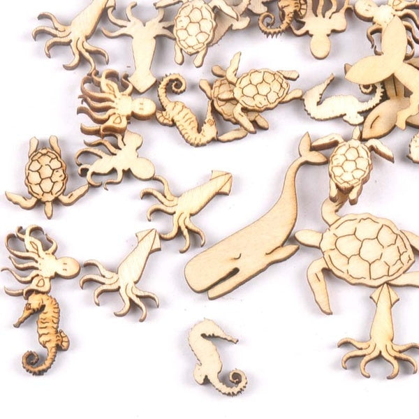 20Pcs 25-40mm Sea Turtle-horse-whale Wood DIY Crafts Home Decoration Handicraft Wooden Handmade Embellishments Arts