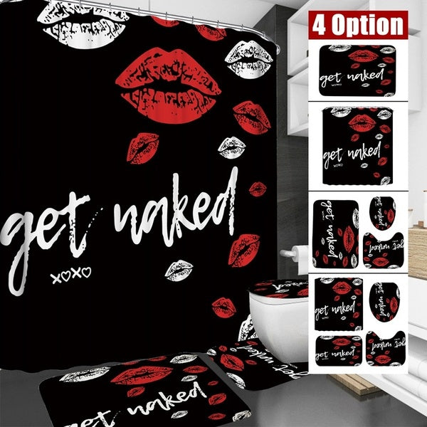 Bathroom Decoration Shower Curtain Set Bath Mat Non-slip Base Carpet Toilet Seat Cover Red Lips Modern Style Shower Curtain with 12 Hooks 1-3-4 Piece