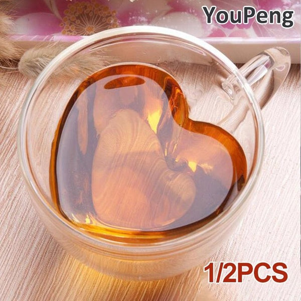 YouPeng Pack of 1-2 Couple Glasses Double Wall Heart Shaped Clear Glass Tea Coffee Beer Cocktail Bar Drinking Cup (180ml-240ml)