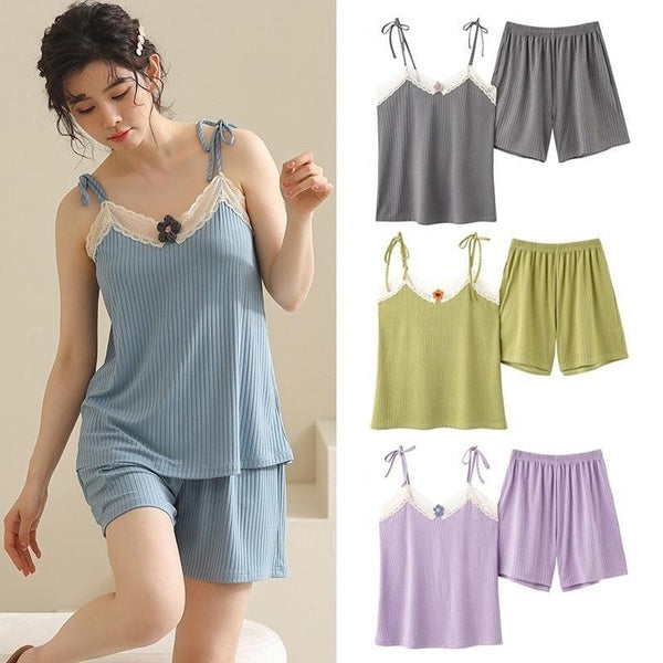 Women's Shorts Pajama Set Sleeveless Cami Sleepwear Sling Nightwear Short PJ Set