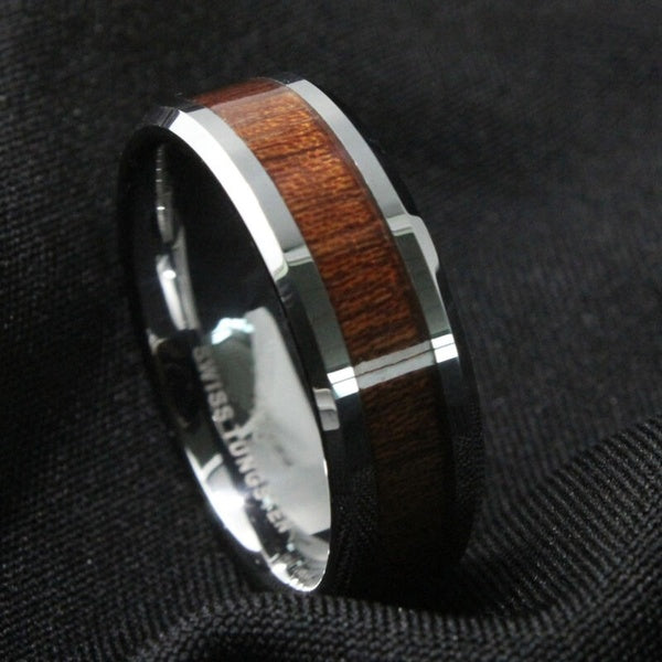 8mm Men's Tungsten Carbide Ring Wood Inlay Beveled Edge Wedding Band Ring