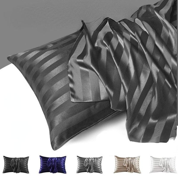 1-2 PCS Ice Silk Exquisite Stripes Pillowcase Standard Size 21 Momme 600 Thread Count for Hair and Skin, Hypoallergenic Soft Breathable Both Sides S