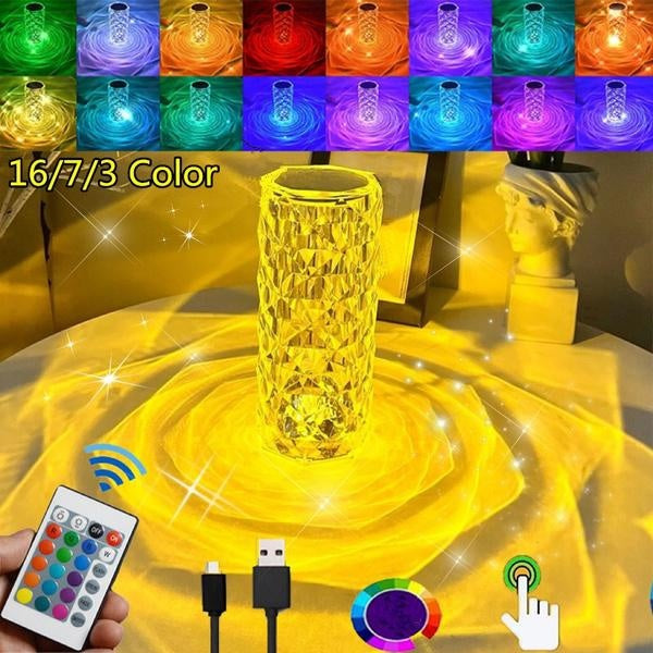 Lampe de table en cristal, 1-3-7-16 port USB à changement de couleur, lampes en diamant rose acrylique avec télécommande tactile, lampe de chevet LED